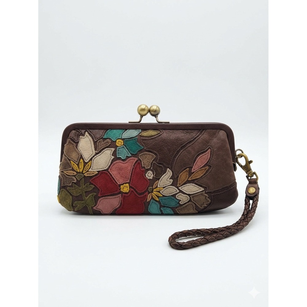 Fossil Vintage Kiss Lock Clutch Women Brown Floral Appliqué Leather SL2923 Rare